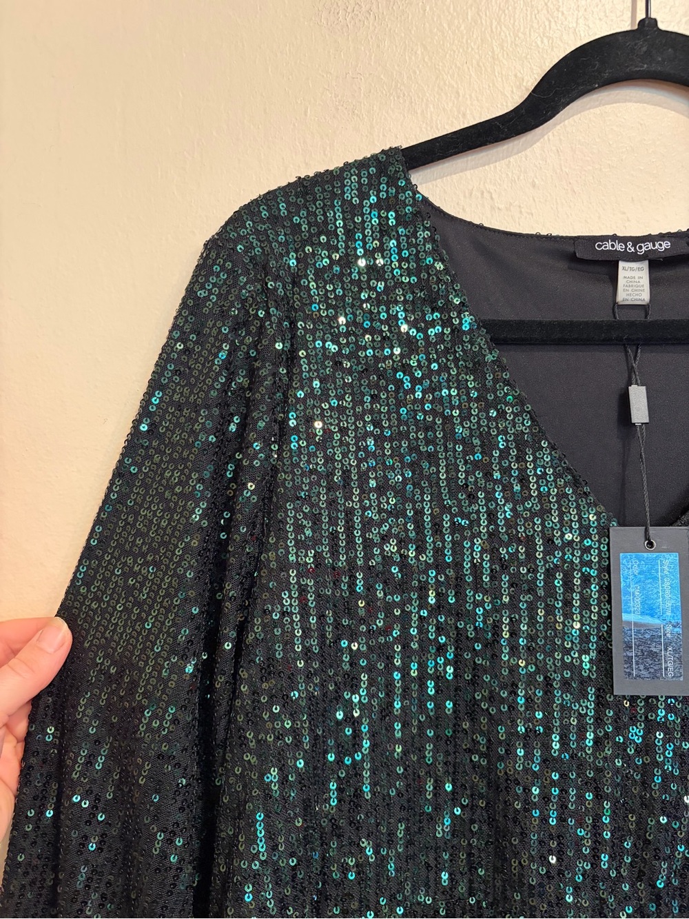 Cable & Gauge NWT Dark Green Sequin Party Dress, V-Neck w/ Long Sleeves, XL - Picture 7 of 11